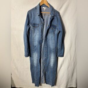 Revamped Sz L Light Wash Denim Buttoned Belted Dress Jacket Pocket & Raw Hem